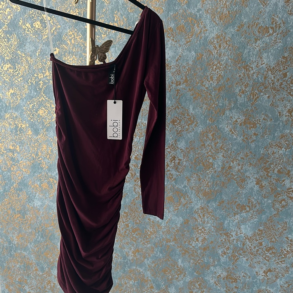 bobi Asymmetric One-Shoulder Ruched Dress in Burgundy